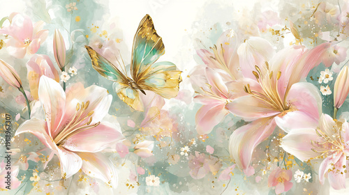 watercolor botanical butterfly and flowers texture template background.Elegant wedding invitation card background . Minimal hand painted Design for wedding or Valentine's Day