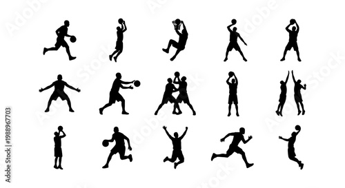 Basketball player silhouettes set, 15 athlete icons, sports action vector graphics