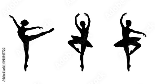 Graceful ballerina silhouettes, set of 3 ballet dancer vectors, elegant dancing poses
