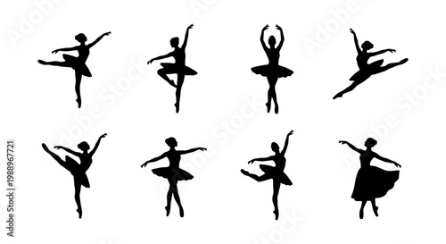 Ballerina silhouette set, 8 ballet dancer vector icons, graceful dancing woman poses