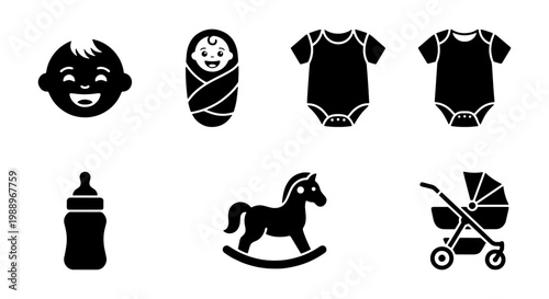 Baby shower icons set, newborn nursery vector elements, infant care black silhouettes