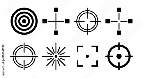 Target crosshair icons set, black aim symbols, 8 vector sniper scope reticle elements