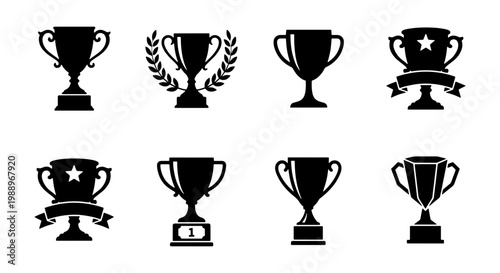 Trophy cup icons set, black winner award silhouettes, 8 sports achievement vector symbols