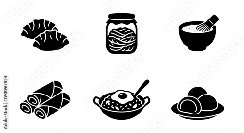 Asian food icon set, black silhouettes of gyoza and ramen, 6 vector culinary elements