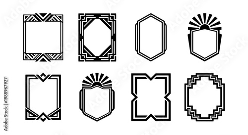 Art deco frames set, vintage geometric borders, 8 black linear vector labels