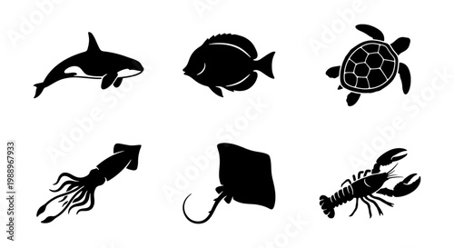 Marine animal silhouettes, 6 sea life icons, black aquatic creature vector set