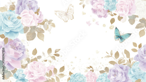 watercolor botanical butterfly and flowers texture template background.Elegant wedding invitation card background . Minimal hand painted Design for wedding or Valentine's Day