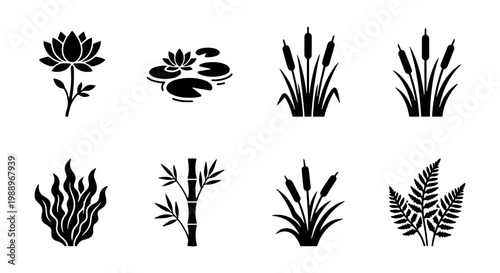 Aquatic plant icons, 8 black pond vegetation silhouettes, lotus and reed vector set