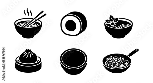 Japanese food icons set, ramen noodle bowl and sushi roll vector, 6 asian cuisine icons