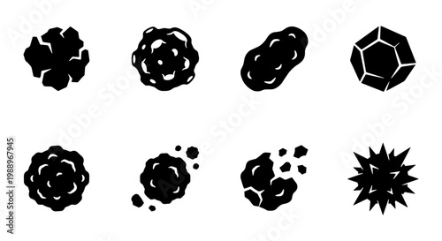 Black asteroid icons set, 8 space rock vector elements, cosmic meteor silhouettes