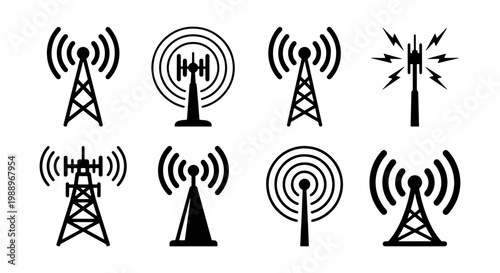 Radio tower icons set, telecommunication antenna symbols, 8 black vector signal masts