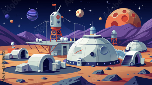 A cartoon illustration of a space station with a spaceship and other planets