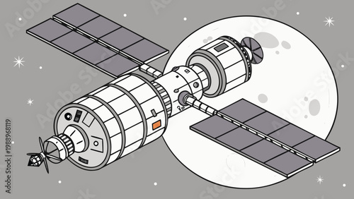 An illustration of a space station with a satellite