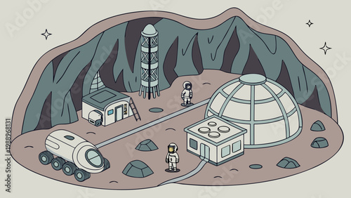 A cartoon of a space station with a rocket and a small car