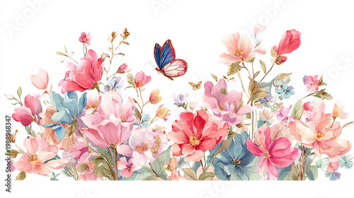 watercolor botanical butterfly and flowers texture template background.Elegant wedding invitation card background . Minimal hand painted Design for wedding or Valentine's Day