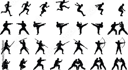 Big collection of black vector martial arts and action silhouettes including karate judo archery and parkour jumping isolated on white background for sports design