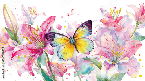 watercolor botanical butterfly and flowers texture template background.Elegant wedding invitation card background . Minimal hand painted Design for wedding or Valentine's Day