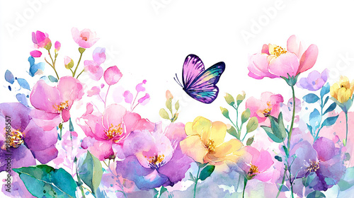 watercolor botanical butterfly and flowers texture template background.Elegant wedding invitation card background . Minimal hand painted Design for wedding or Valentine's Day