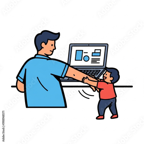 A parent attempts to concentrate on laptop work, playfully distracted by their child, highlighting the common challenge of balancing professional tasks with family attention at home