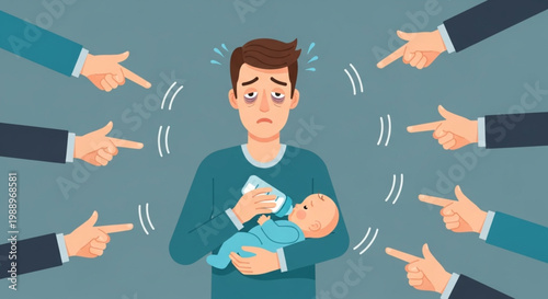 Overwhelmed father struggling with parenting and facing judgment from others, feeling stressed and isolated