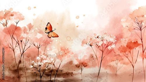 watercolor botanical butterfly and flowers texture template background.Elegant wedding invitation card background . Minimal hand painted Design for wedding or Valentine's Day