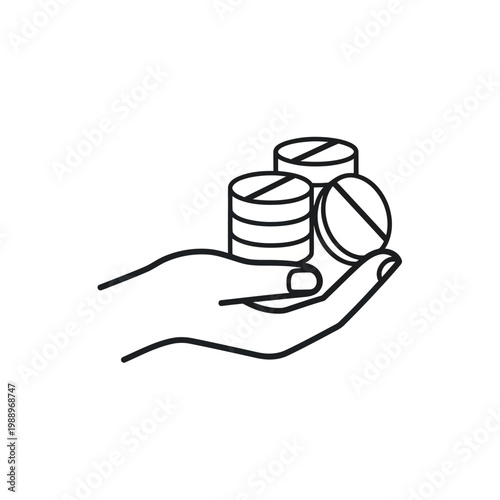 Hand holding stack of medical pills, healthcare concept, line art
