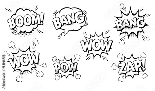 Comic sound effects pop art speech bubbles boom bang wow vector illustration isolated on white background