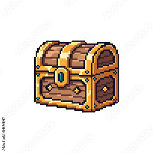 A vibrant pixel art illustration of a wooden treasure chest with gold accents, small blue gemstones, and a large central gem on its lock.