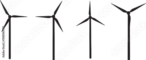 Wind Turbine Silhouette Set. Renewable Energy Windmill Icons Vector Illustration.