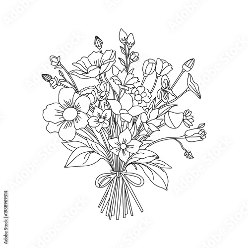 A beautiful spring bouquet of colorful wild flowers with green leaves and a delicate tied stem 