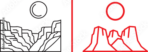 Minimalist canyon and mountain landscape line art vector icons in black and red for travel and outdoor adventure branding
