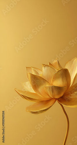 A golden lotus bloom, with delicate petals, is displayed against a matching golden background, emphasizing form and texture