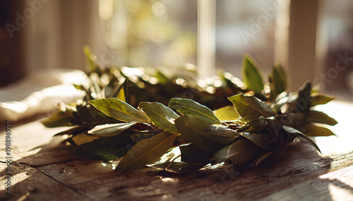 A close-up shot of a natural wreath of green leaves rests upon a textured wooden surface near a sunny window