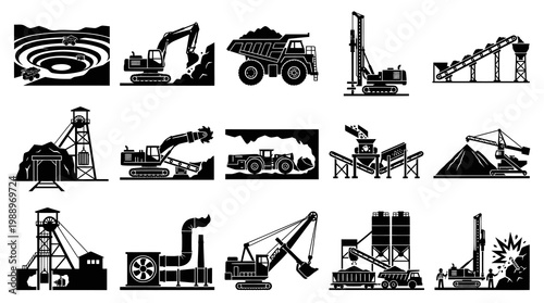 Mining Industry Equipment Black and White Vector Icons