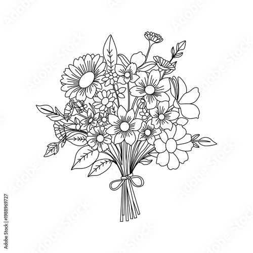 A beautiful spring bouquet of colorful wild flowers with green leaves and a delicate tied stem 