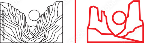 Minimalist canyon landscape vector illustration with sun and mountain valley in black and red line art style