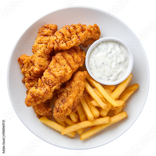 A close-up, overhead shot of a white plate holding golden-fried chicken tenders, french fries, and a small cup of dipping sauce