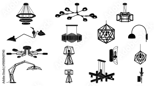 Black and White Line Art Collection of Modern Lighting Fixtures