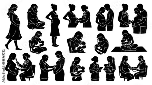 Medical Pregnancy  Maternity Care Silhouettes: Doctors, Nurses, Newborn Babies Vector Set