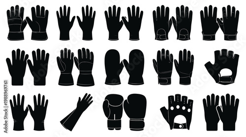 Collection of Black Glyph Gloves Vector Icons. Diverse Handwear for Protection, Sport  Fashion.
