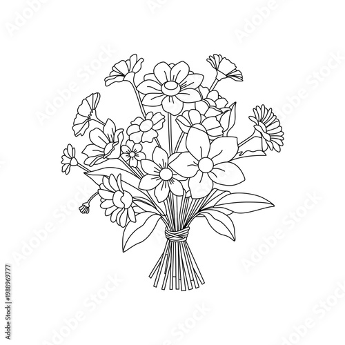 A beautiful spring bouquet of colorful wild flowers with green leaves and a delicate tied stem 