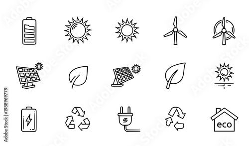 Energy and renewable outline icon set thin line battery solar eco sustainability vector isolated on white background