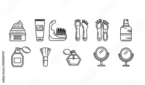Modern beauty outline icon set cosmetic skincare hair care and salon tools vector isolated on white background