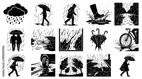 Black and White Silhouette Icons of Rainy Day and Umbrellas