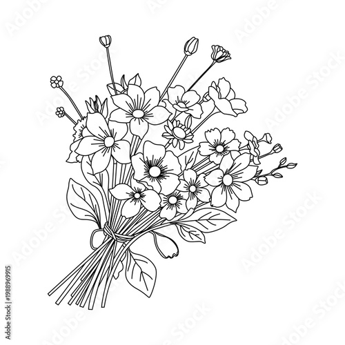 A beautiful spring bouquet of colorful wild flowers with green leaves and a delicate tied stem 