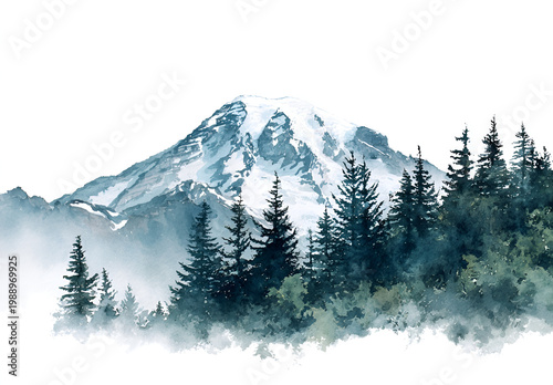 Watercolor painting of a majestic snow-capped mountain behind a forest of tall, dense evergreen trees shrouded in mist