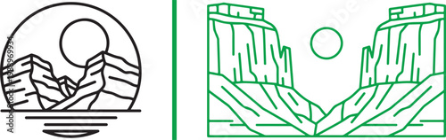 Minimalist canyon landscape vector line art icons featuring sun and cliffs for outdoor adventure branding and travel logos