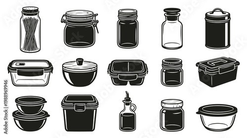 Black and White Line Art Icons of Kitchen Food Storage Containers and Jars