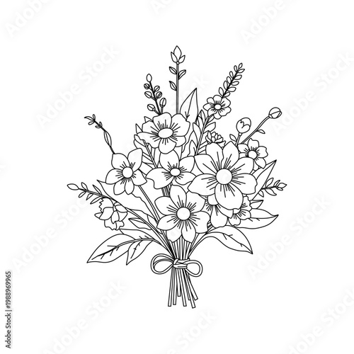 A beautiful spring bouquet of colorful wild flowers with green leaves and a delicate tied stem 
