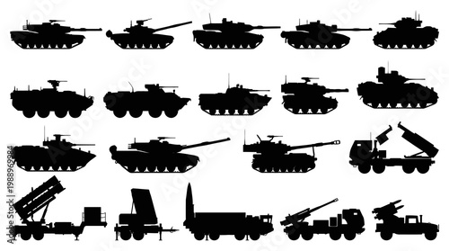 Black Silhouette Military Vehicles and Tanks on White Background Vector